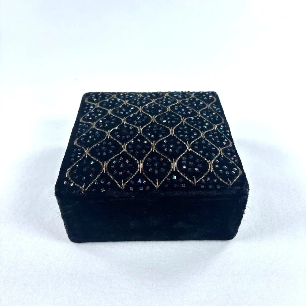 Decorative Velvet Beaded Gift Box Black Vintage Square Soft Luxury‎ Christmas